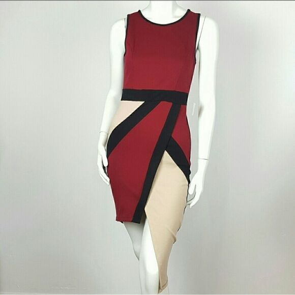 Chocolate U.S.A Dresses & Skirts - BODYCON MIDI DRESS MULTICOLOR BURGANDY-BLACK- CREAM ASIMETRICAL‎